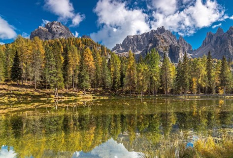 Autumn at Lake Antorno under the Cadini peaks, Dolomites, South Tyrol