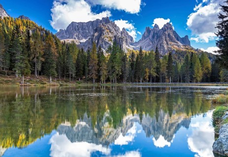 Autumn at Lake Antorno under the Cadini peaks, Dolomites, South Tyrol