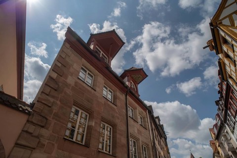 Historic residential buildings with roof lift bay windows, Weissgerbergasse, Nuremberg, Middle