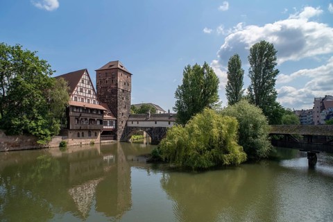 View of the historic ensemble consisting of the Weinstadel, Henkersteg and Wassrmturm, Nuremberg,