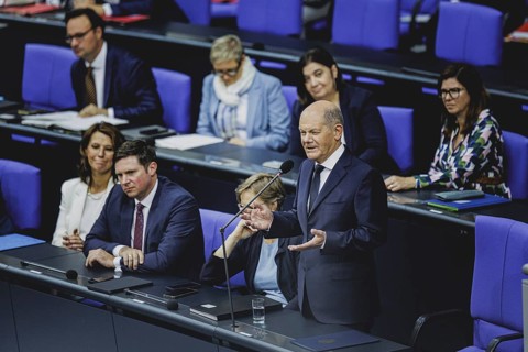 Olaf Scholz (SPD), Federal Chancellor, recorded during a government questioning in the German