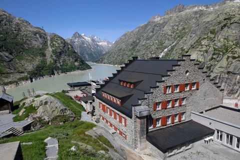 View of Grimsel Hospice Grimselhospiz with stepped gable Gable with stepped contour and red