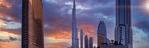 UAE, Dubai panoramic skyline view of city downtown and Dubai Mall