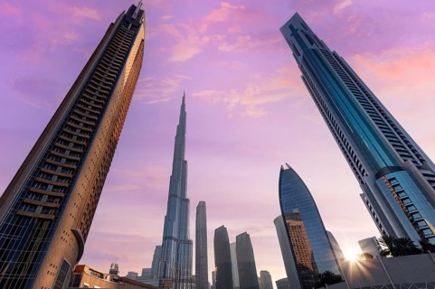 UAE, Dubai panoramic skyline view of city downtown and Dubai Mall