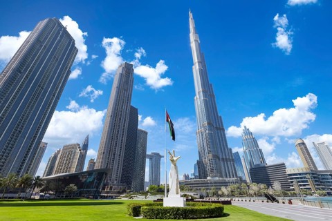 UAE, Dubai panoramic skyline view of city downtown and Dubai Mall