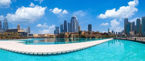 UAE, Dubai panoramic view of city downtown, Dubai Mall and Dubai Fountain
