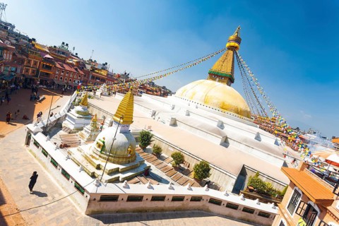 Kathmandu, Nepal, October 23, 2013: Tilted aerial view of surrounding hotels, restaurants and shops