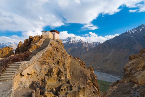 The watchtower at the old monastery has a commanding view of the mountains and Spiti Valley below