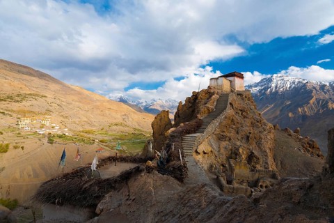 A wide view of the watchtower at the old monastery and its commanding view of the new monastery,