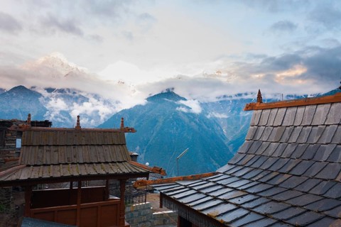 The temples at Kalpa stand across the valley from Kailash mountain in Himachal Pradesh, India, Asia