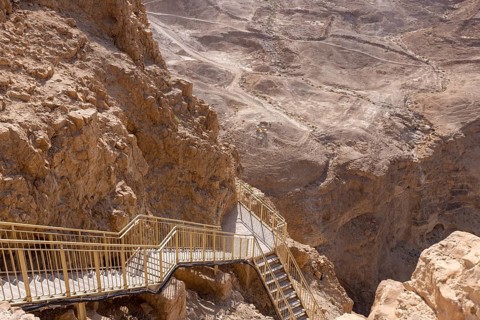 Israel Panoramic views from Masada Fortress in National Park in Negev Judaean Desert near Dead Sea