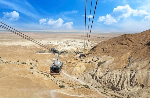 Israel panoramic views from the funicular cable car to Negev Masada Fortress in National Park