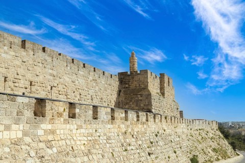 Jerusalem, Israel, landmark citadel Migdal David Tower of David in Old City near Jaffa Gate, Asia