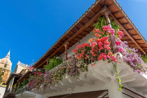 Famous colonial Cartagena Walled City (Cuidad Amurrallada) and its colorful buildings in historic
