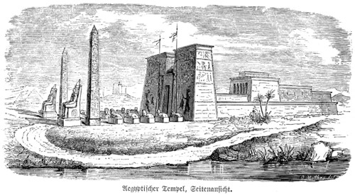 Egyptian temple, side view, selenium, statues, entrance gate, river, palm trees, path, wall, Egypt,
