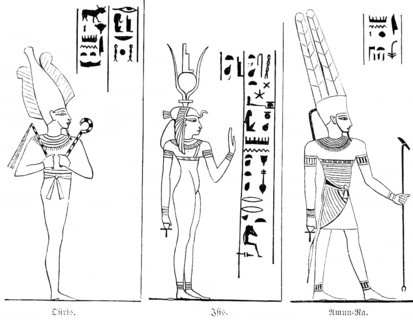 The gods Osiris, Isis and Amun-Ra, Egyptian mythology, hieroglyphics, historical illustration 1880,