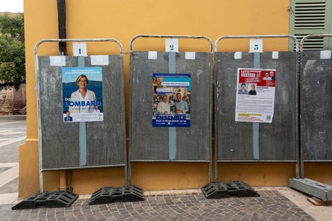 Election posters with local politicians, early elections in France 2024, Frejus, Côte d'azur,