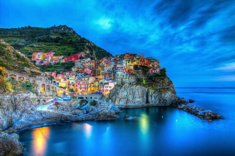 Manarola at sunset, Cinque Terre, Italy, Europe