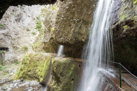 Hiking trail with waterfall on the Levada Nova and Levada do Moinho, Madeira, Portugal, Europe