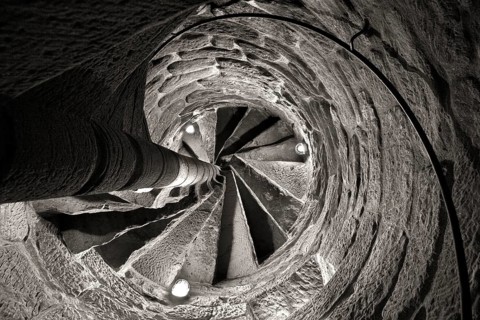 View up a narrow staircase near the Leuchtenburg castle