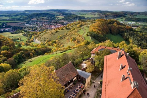 Landscape in the Saaleholzland with a view from the keep of the Leuchtenburg, Kahla is recognisable