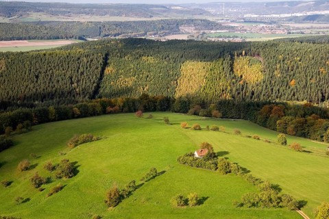 Landscape in Saaleholzland with a view from the keep of Leuchtenburg Castle, Jena can be seen on
