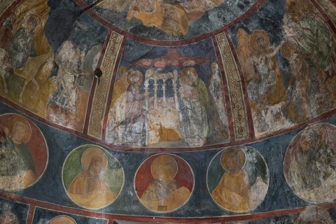 Detail of a dome with religious wall paintings and images of saints, Byzantine chapel of Agios