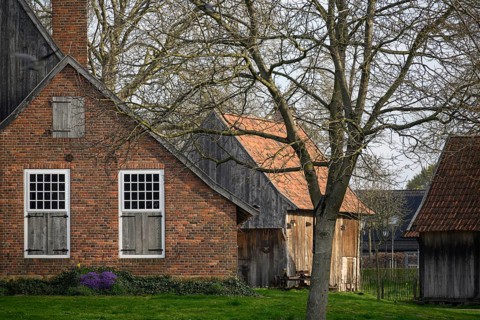 Old brick farmhouse with wooden doors and windows, surrounded by trees and a rural setting, Vreden,