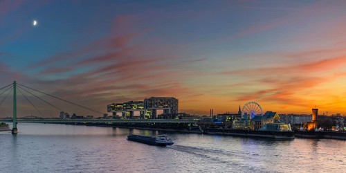 Panorama from the Deutzer Bridge to the Rheinau harbour with crane houses, chocolate museum and