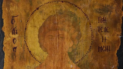 Yellowed antique painting of a religious icon on old paper with visible patina, Kastro Monolithou,
