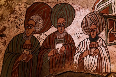Frescos on the wall of rock hewn Abuna Yemata Guh church in Hawzen