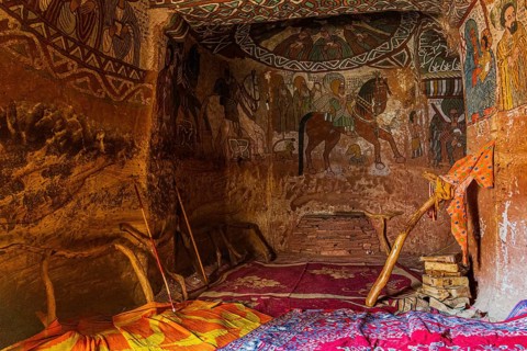 Frescos on the wall of rock hewn Abuna Yemata Guh church in Hawzen