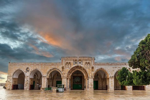 Al-Aqsa Mosque in the top of the Temple Mount, sacred place for Muslims and Islamic people. Also
