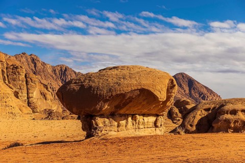 The Mushroom stone formation in the Valley of the Moon of Wadi Rum desert