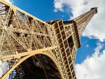 Wide angle shot of Eiffel from one of the pillars