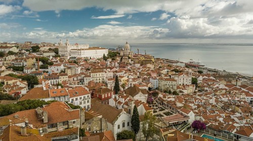 Aerial view Portugal Lisbon the Alfama is oldest district of Lisbon spreading on slope between Sao