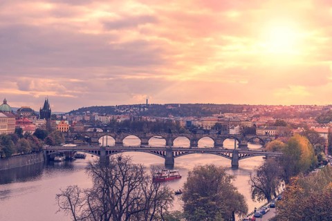 Aerial view from the Bridge tower on Charles Bridge and Prague Castle, Czech Republic, Europe