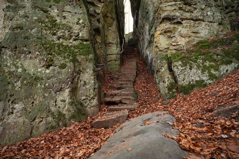 Devil Gorge at the Eifel, Teufelsschlucht with mighty boulders and canyon, hiking trail in Germany,