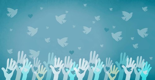 Dove and heart flying from hand, international peace day, faith, freedom, charity and help concept,