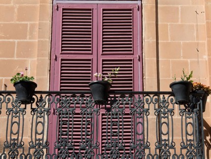 A balcony with wrought-iron railings and pink shutters, decorated with several flower pots in front