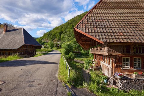 Street with Black Forest houses in the historic district of Geschwend, Todtnau, Black Forest,