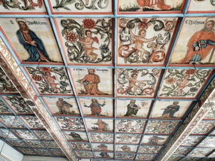 Church ceiling, painting with biblical scenes, late Gothic St Vitus and St Michael's Church,