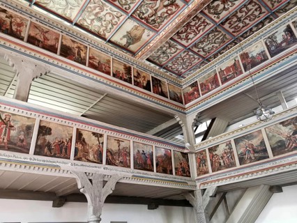 Church ceiling and galleries, painted with biblical scenes, late Gothic St Vitus and St Michael's