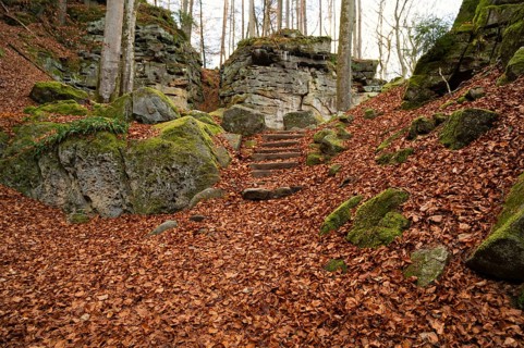 Devil Gorge at the Eifel, Teufelsschlucht with mighty boulders and canyon, hiking trail in Germany,