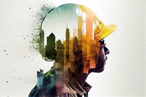 Construction worker, building engineer or architect wearing a helmet, double exposure with