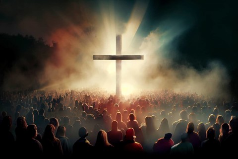 Revelation of Jesus Christ, new testament, religion of christianity, heaven and hell over the crowd