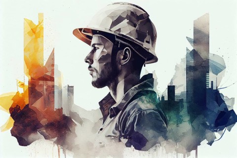Construction worker, building engineer or architect wearing a helmet, double exposure with