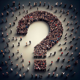Group of people building a question mark, searching for answers, thoughts for solving a problem,