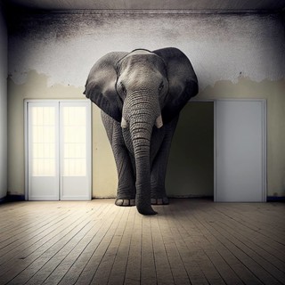 Big elephant standing in an empty room, animal concept, metaphorical idiom for important or