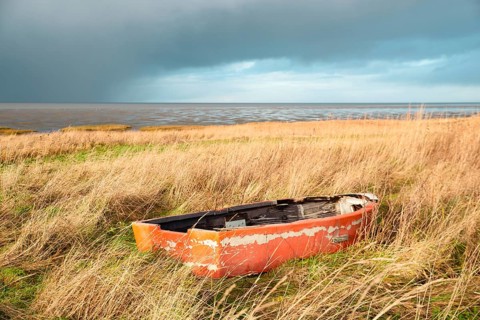 Old wooden boat in the reed next to the north sea on the Island Romo in Denmark, stormy weather in